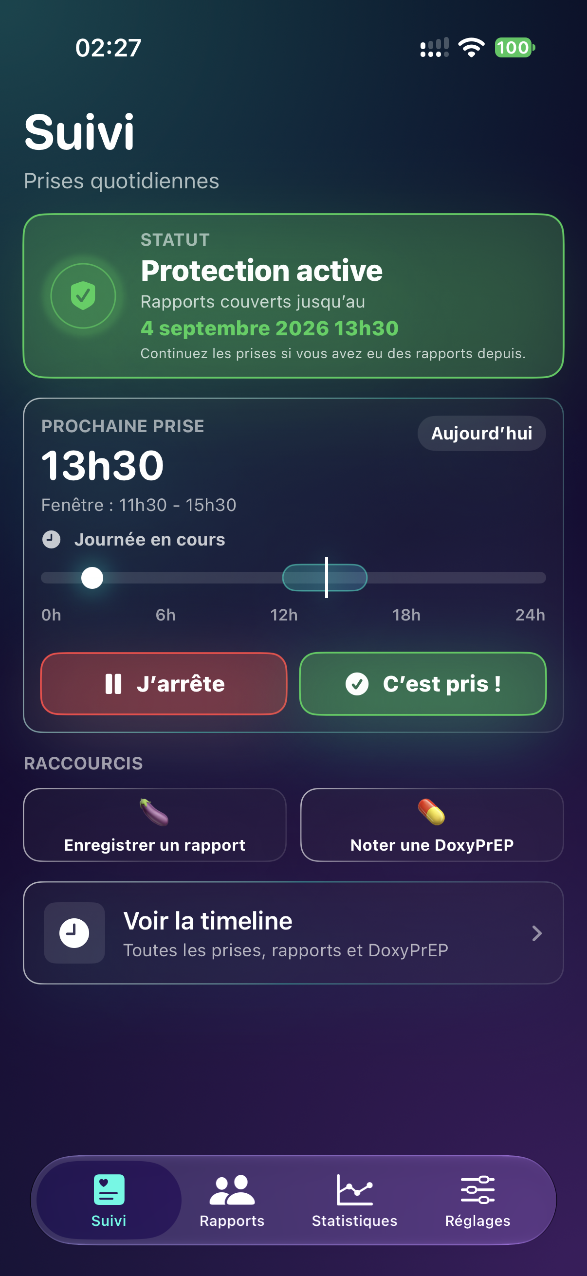 Écran d’accueil réel d’iPrEP avec le statut, la prochaine prise, la barre horaire, les raccourcis et les quatre onglets