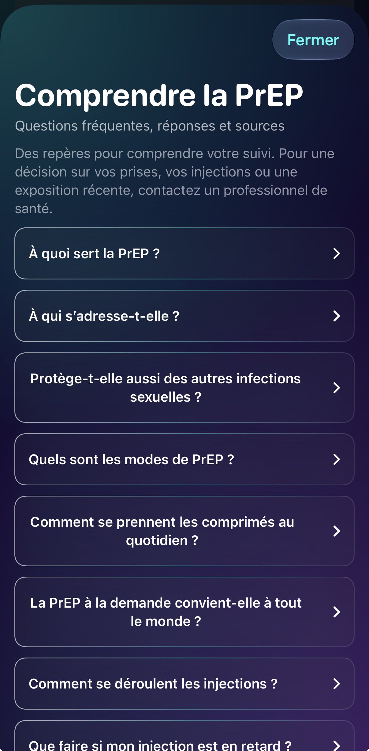 Page Comprendre la PrEP ouverte depuis l’onglet Médicaments, avec les questions fréquentes