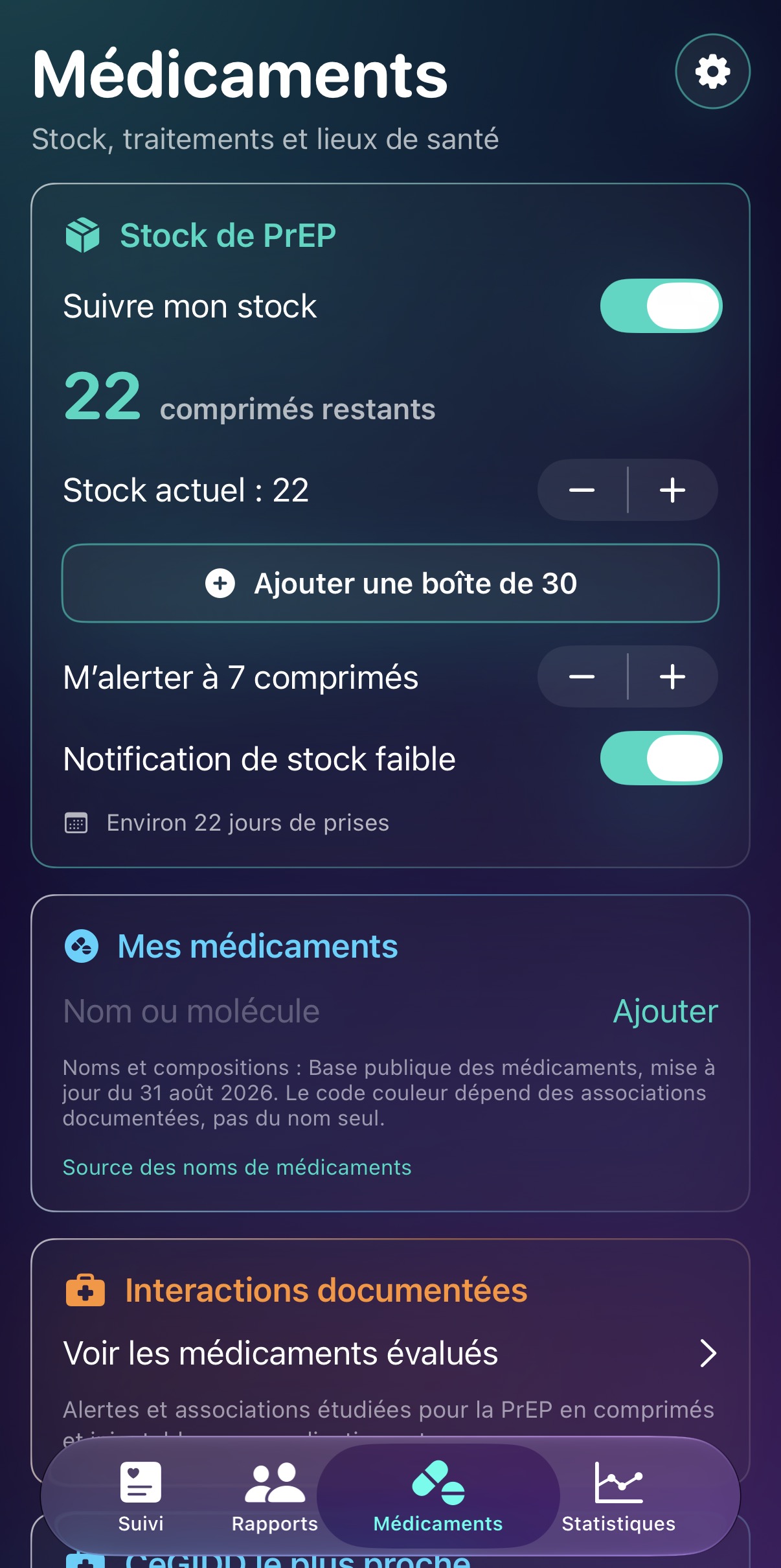 Onglet Médicaments avec stock de PrEP et interactions documentées
