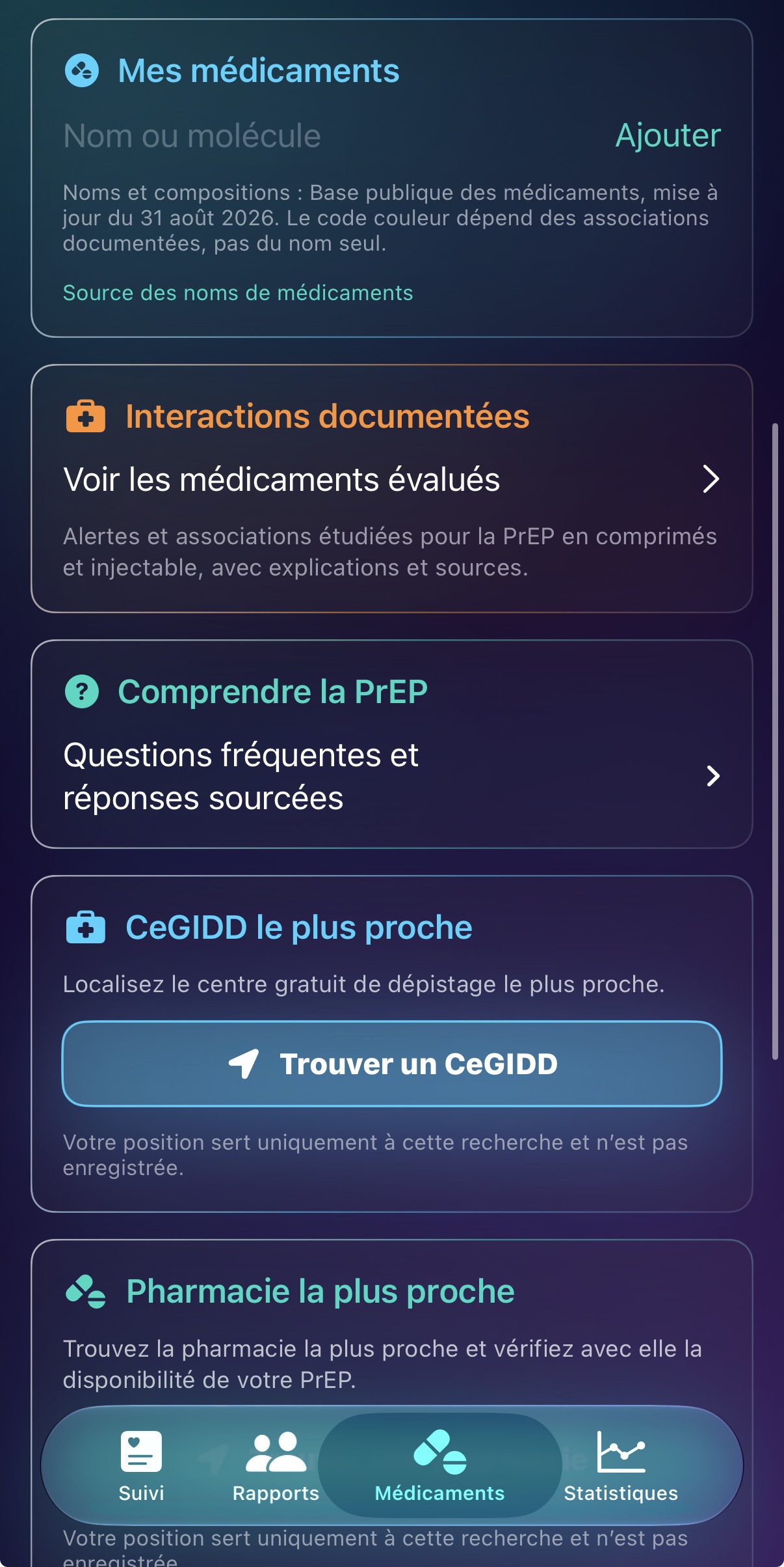 Suite de l’onglet Médicaments avec interactions documentées, accès aux questions PrEP et recherche de CeGIDD