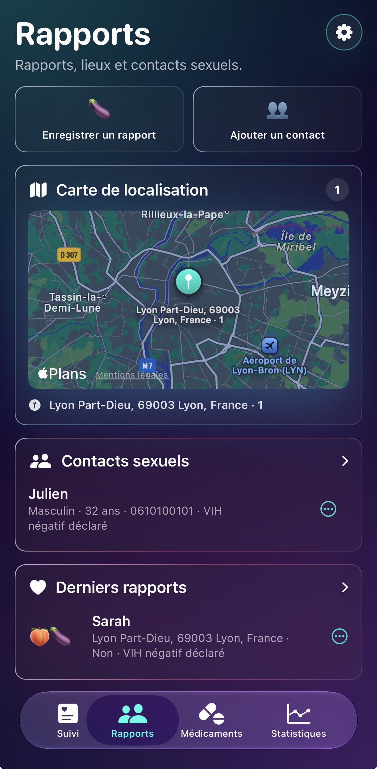 Onglet Rapports avec carte, contact et dernier rapport
