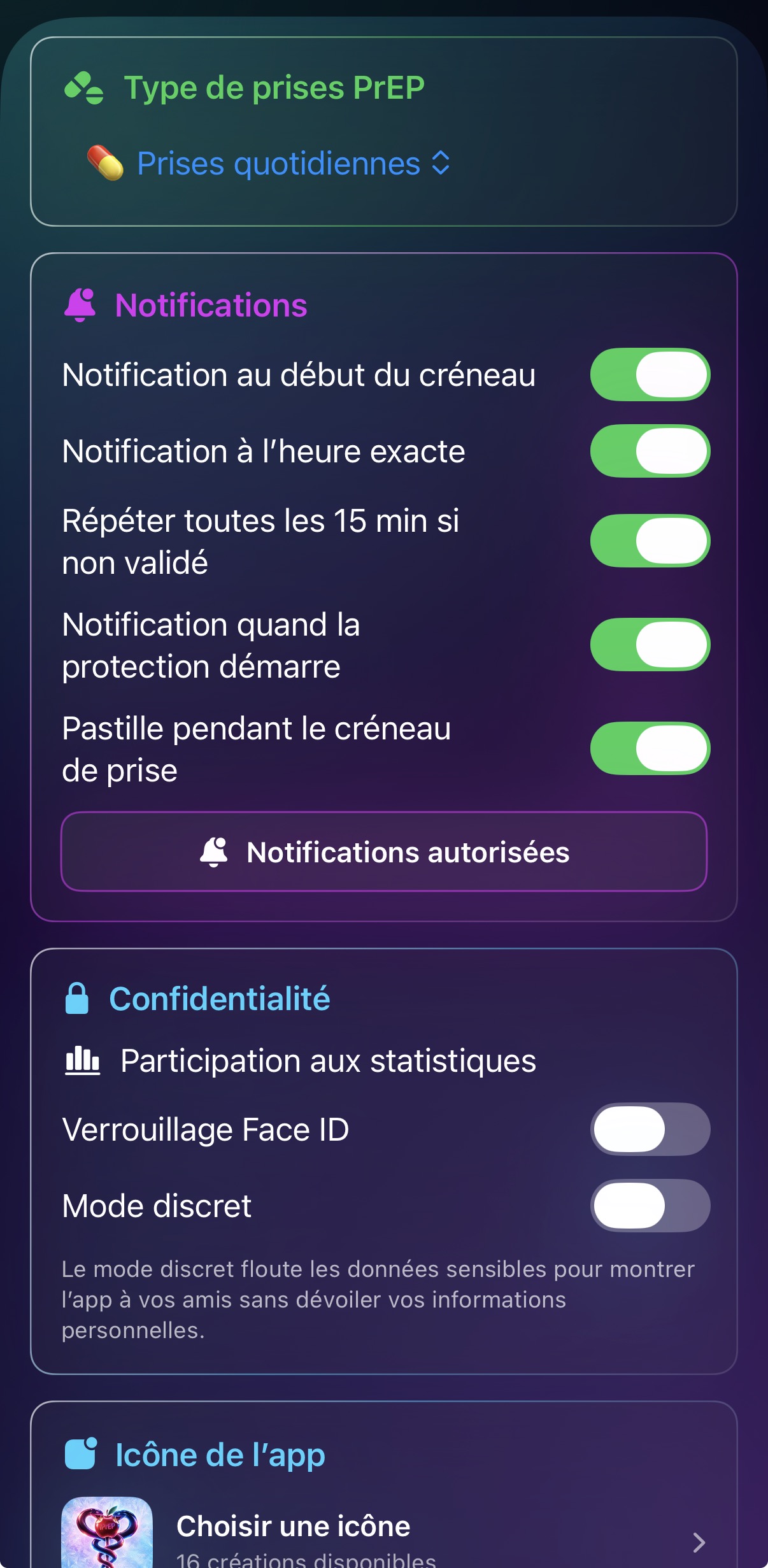 Page Réglages d’iPrEP avec rappels, confidentialité et choix de l’icône