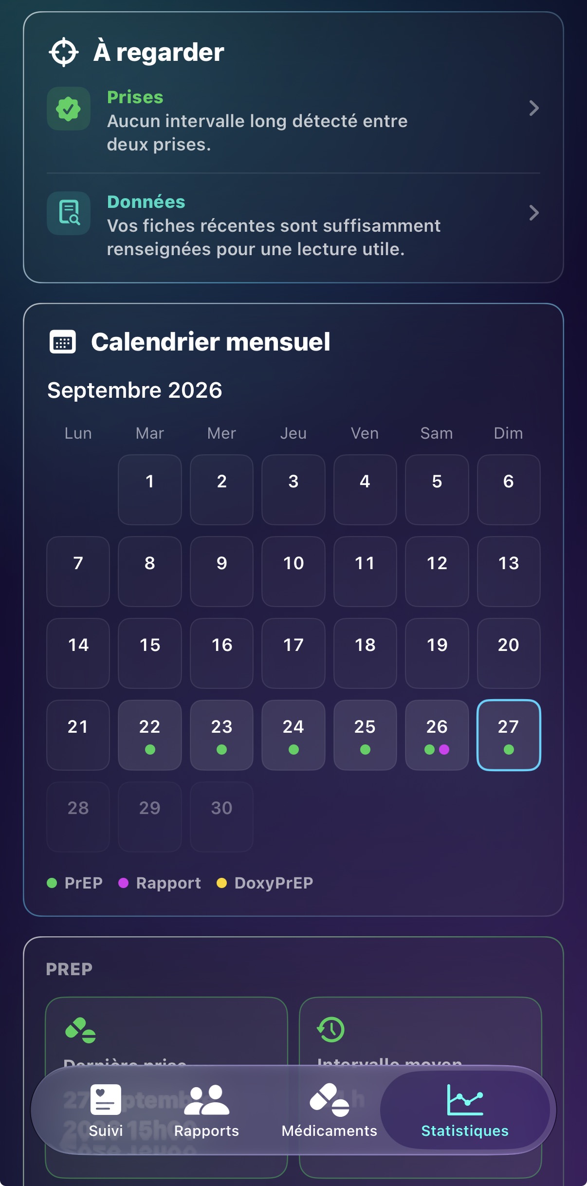 Onglet Statistiques avec calendrier mensuel rempli