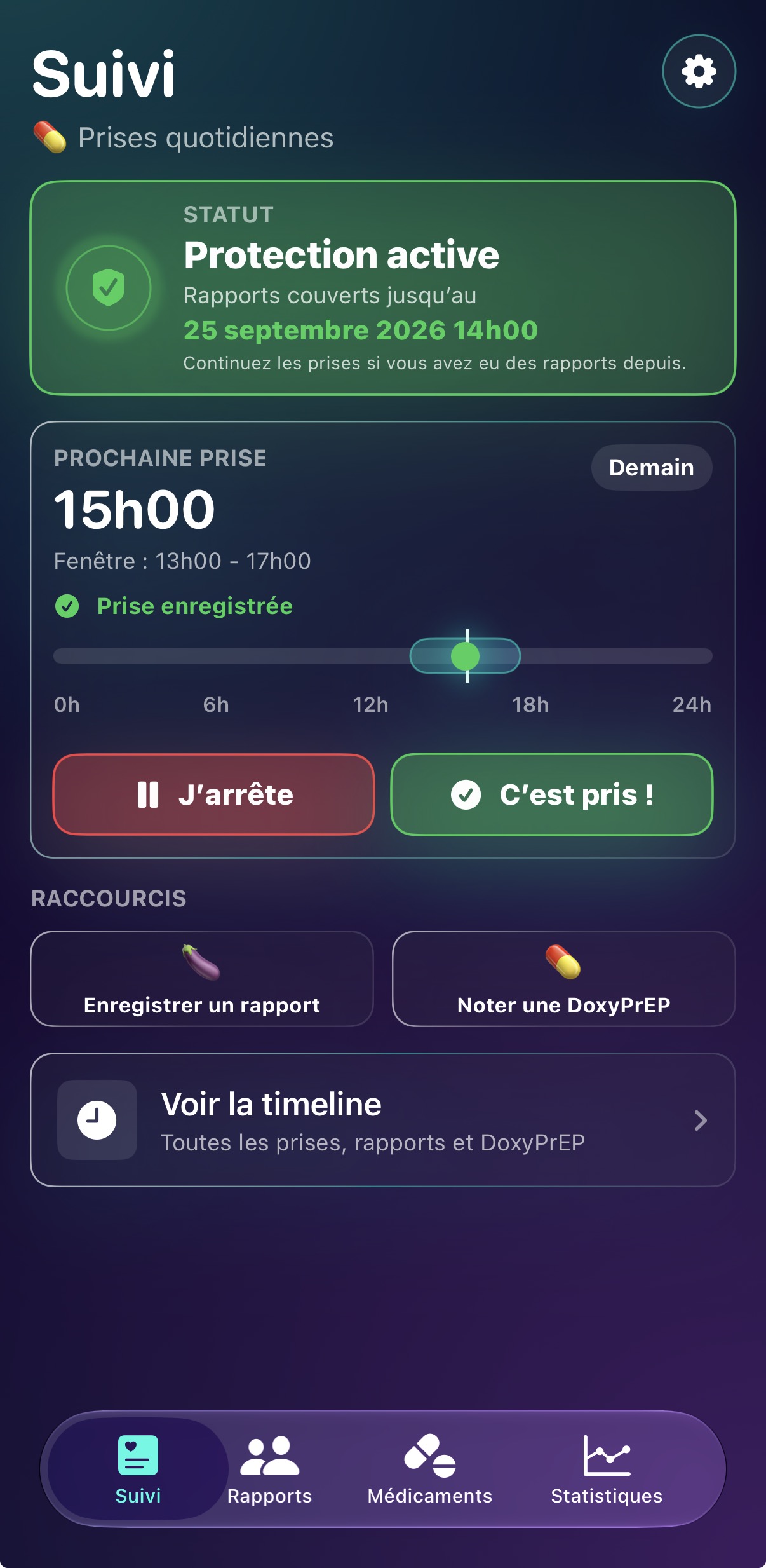 Vrai écran Suivi d’iPrEP avec protection active, prochaine prise et raccourcis