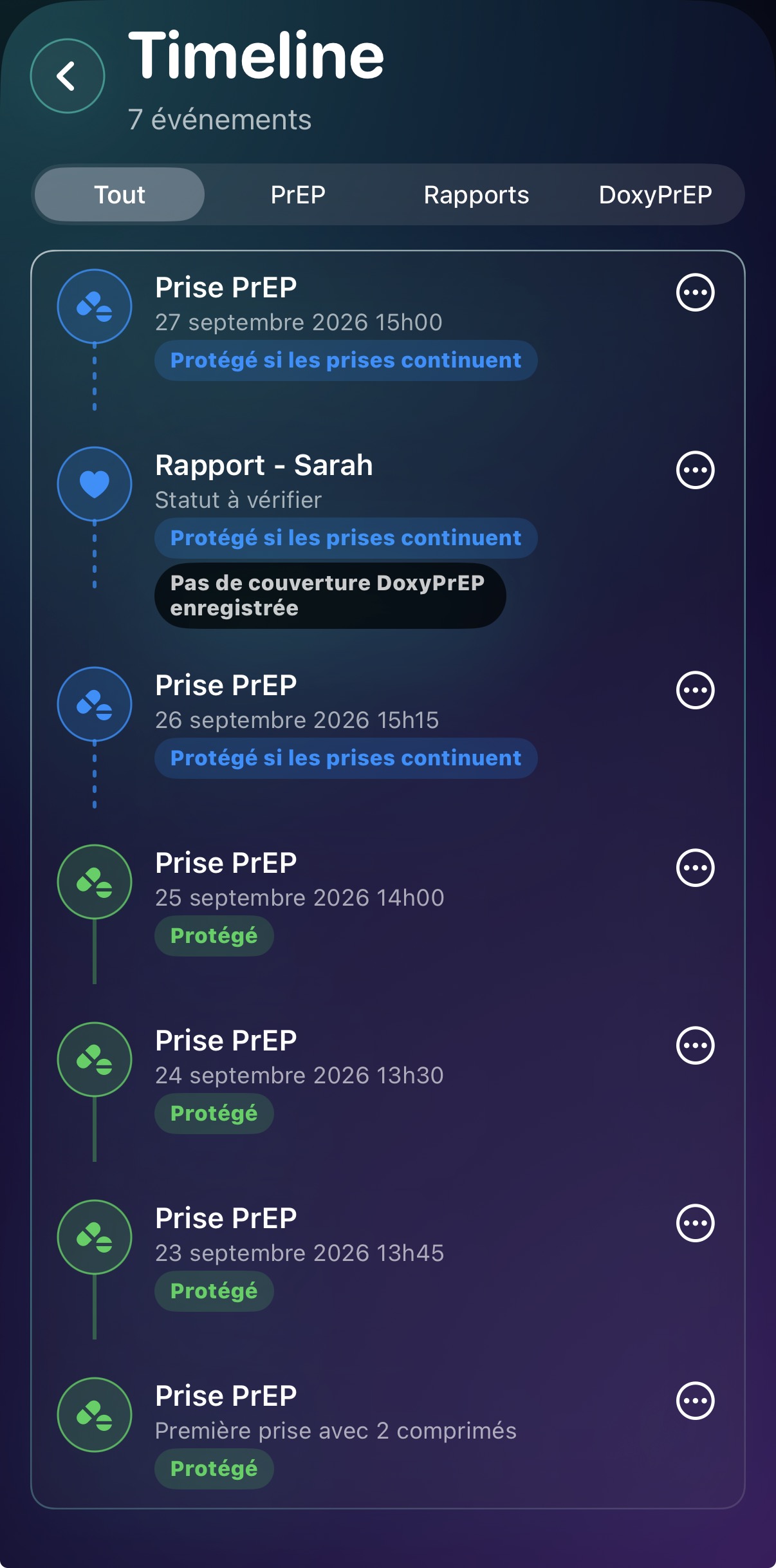 Page Timeline d’iPrEP avec sept événements et filtres